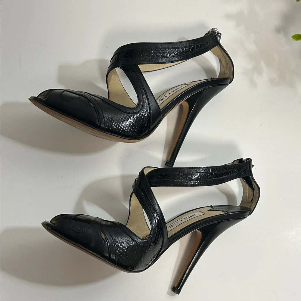 Jimmy Choo Black Patent Leather Strappy Peep-Toe Heels